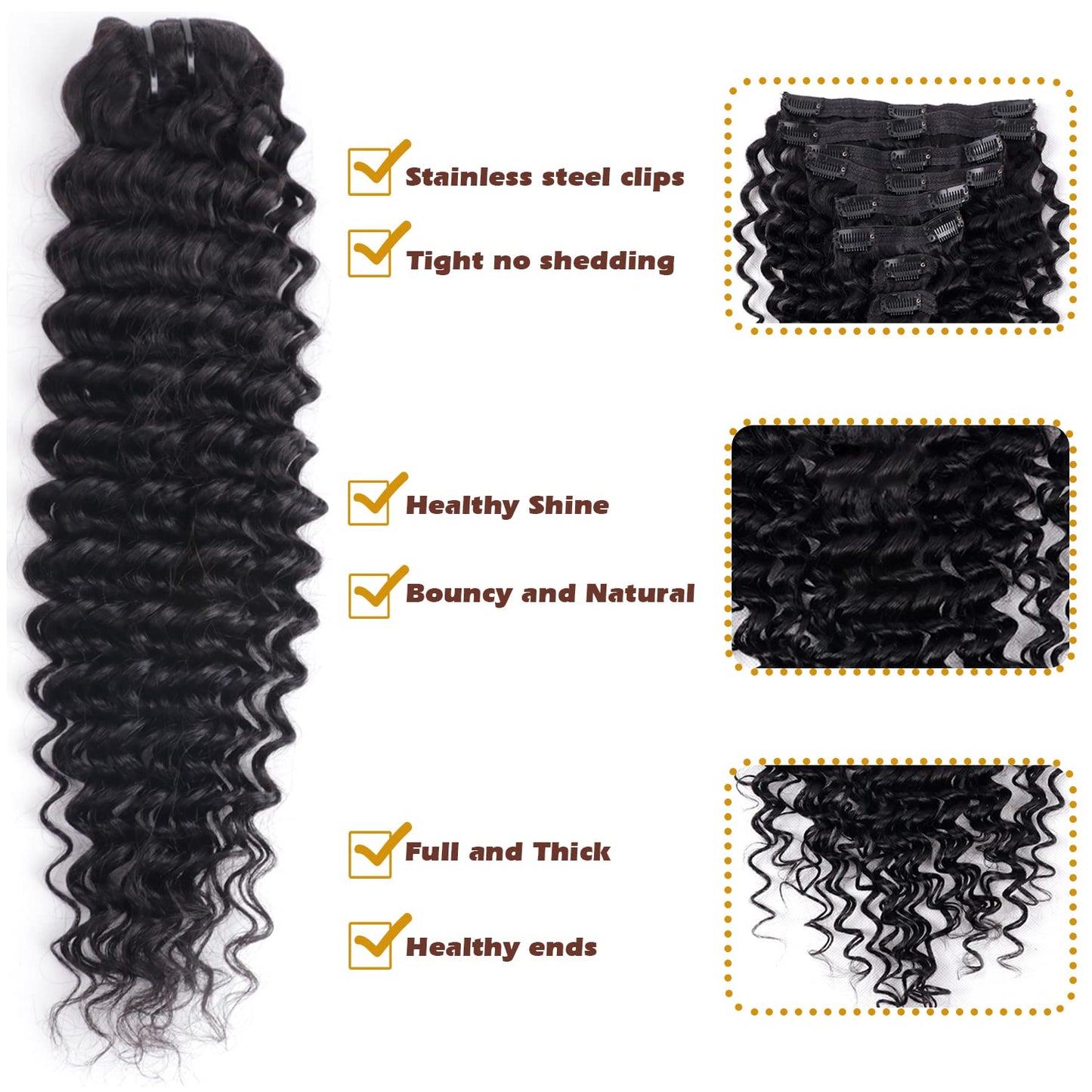 Set of 7 Clip-in Hair Extensions - Deep Wave Black