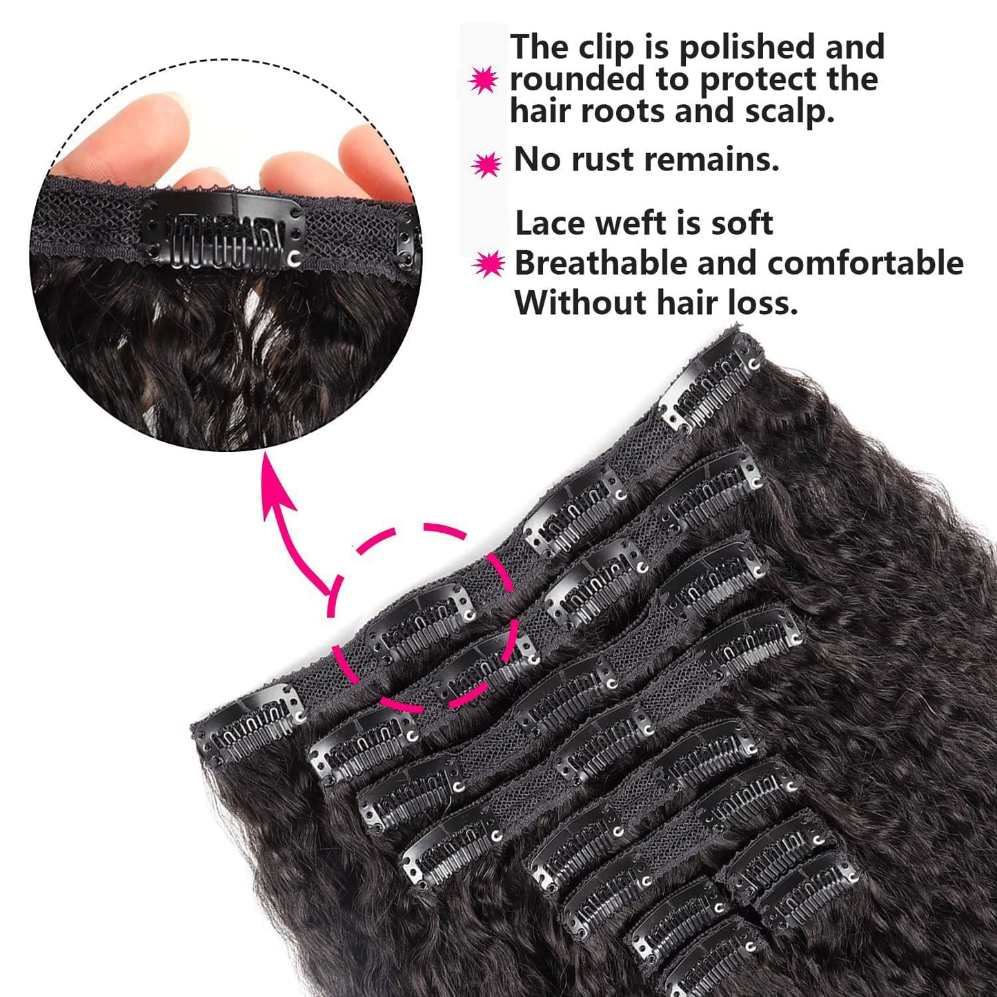 Set of 7 Clip-in Hair Extensions - Kinky Straight/Yaki Black